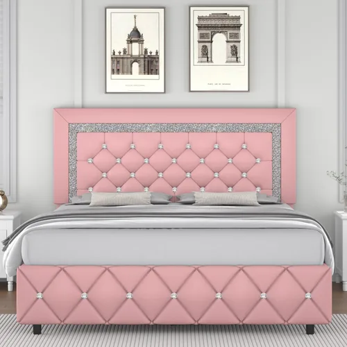Miniatura 13 de Base de cama individual, plataforma de piel sintética con cabecera tapizada de diamante, base de colchón con fuerte soporte de listones de madera