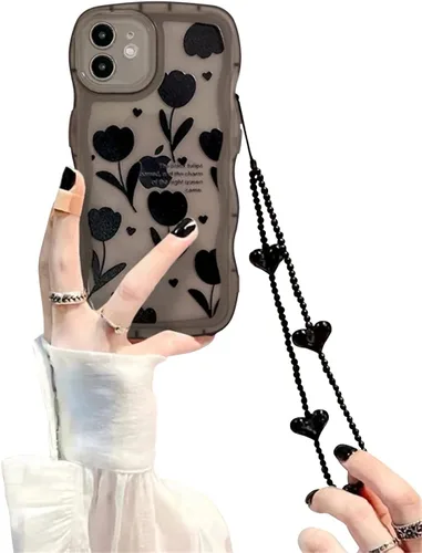 Miniatura 24 de Funda compatible con iPhone 11 Pro Max con bonito diseño de flores negras y sencillas, para mujeres, adolescentes y niñas, funda protectora de lente