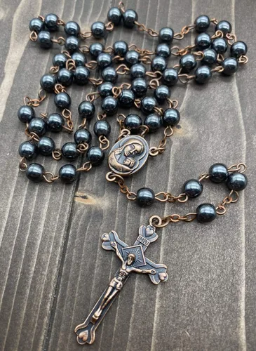 Miniatura 14 de Nazareth Store Hematite Rosary Beads Black Stone Catholic Rosary Necklace with Jerusalem Holy Soil & Cross Antique Religious Rosaries Beads