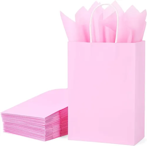 Miniatura 10 de SUNCOLOR Bolsas de regalo negras con asas, paquete de 24 bolsas pequeñas de papel kraft para fiestas, 7.9 x 5.12 x 3.15 pulgadas con papel de seda