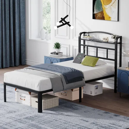 Miniatura 9 de SHOANED Base de cama de metal de 14 pulgadas, base de colchón básica de plataforma resistente de color negro con cabecera y estación de carga,