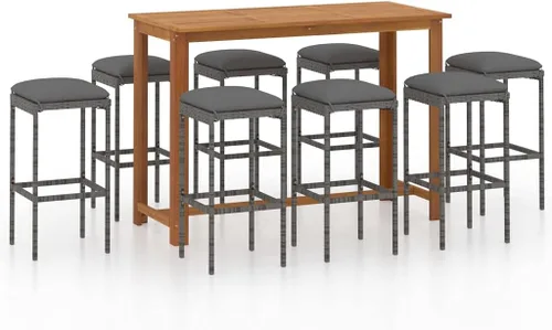 Miniatura 2 de Ensemble de Bar de Jardin 9 Pièces en Bois d'Acacia Massif Gris, Table Rectangulaire et 8 Tabourets avec Coussin Amovible Pour Terrasse, Jardin, Grey