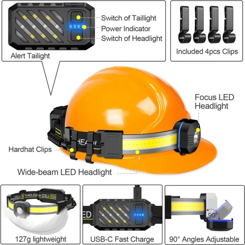 Miniatura 5 de Linterna frontal LED, 1000 lúmenes, 230° de haz ancho, linterna frontal recargable por USB con luz trasera roja, luz ligera e impermeable