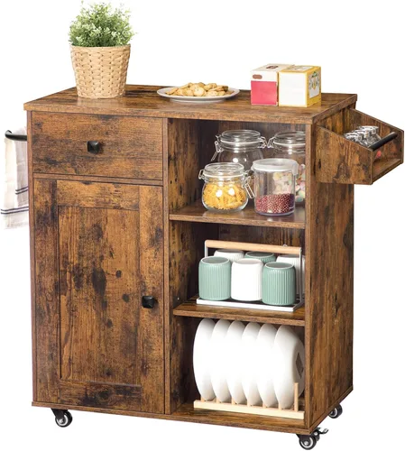 Miniatura 9 de HOOBRO Isla de cocina, armario de almacenamiento con cajón, carrito de cocina con especias y toallero, ahorro de espacio, fácil montaje, para sala