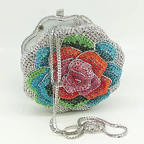 Miniatura 5 de Boutique De FGG Rose Flower Crystal Clutch Mujeres Bolsos de Noche Formal Fiesta Rhinestone Bolso Boda Novia