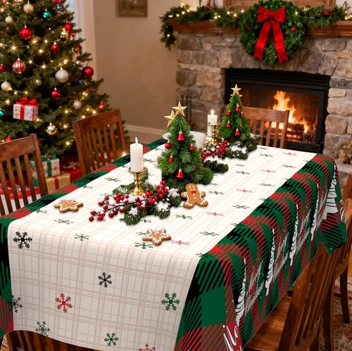 Miniatura 6 de Mantel de Navidad, 2 piezas de mantel de Navidad desechable para mesa rectangular, 54" x 108" de plástico con diseño de copo de nieve, árbol