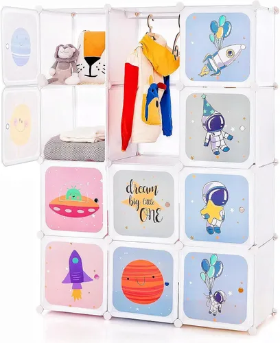 Miniatura 12 de INFANS Armario para niños, armario portátil para bebé, lindo para dormitorio de niños, armario de guardería con puertas, 12 cubos, 2 secciones