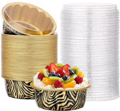 Miniatura 50 de Beasea Ramequines con tapas, 8oz 50 unidades de tazas de aluminio desechables para hornear, tazas de papel de aluminio plateado para creme brulee