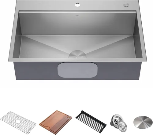 Miniatura 13 de KRAUS KWT310-33/18 Kore - Fregadero de cocina con estación de trabajo de 33 pulgadas, empotrado, acero inoxidable de calibre 18, con reborde