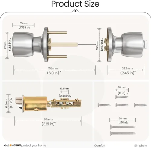 Miniatura 7 de HOSOM Pomo de puerta con cerradura y llave, perilla de entrada con llave, cerradura exterior e interior para puerta delantera, área comercial