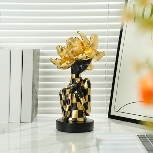 Miniatura 4 de Lescafita Escultura de mujer africana con tocado de flor dorada, figura de resina negra y dorada para decoración del hogar, elegante estatua de dama
