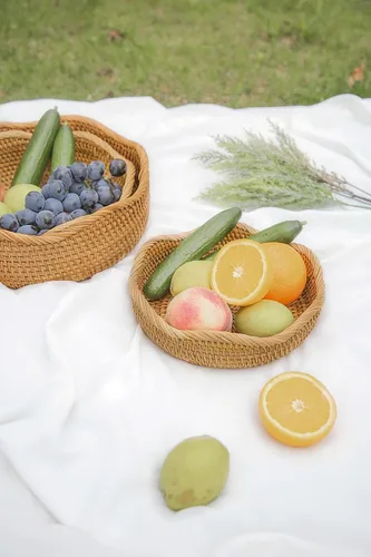 Miniatura 3 de HITOMEN Cestas de pan de ratán hechas a mano, cestas redondas de mimbre para frutas, tazones de almacenamiento de servicio, naturales, decorativas