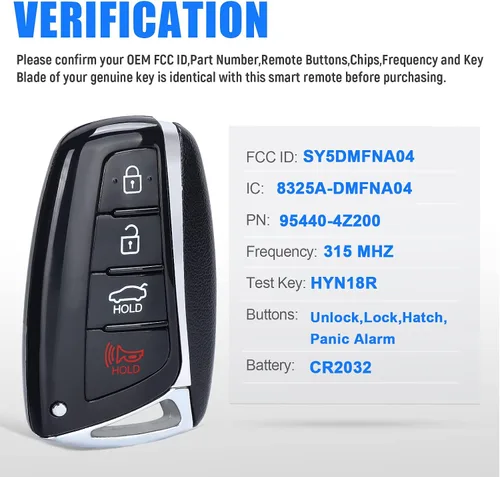 Miniatura 2 de Keymall Reemplazo de llavero remoto de entrada sin llave para Hyundai Santa Fe 2013 2014 2015 2016 2017 2018 315MHz 4 botones