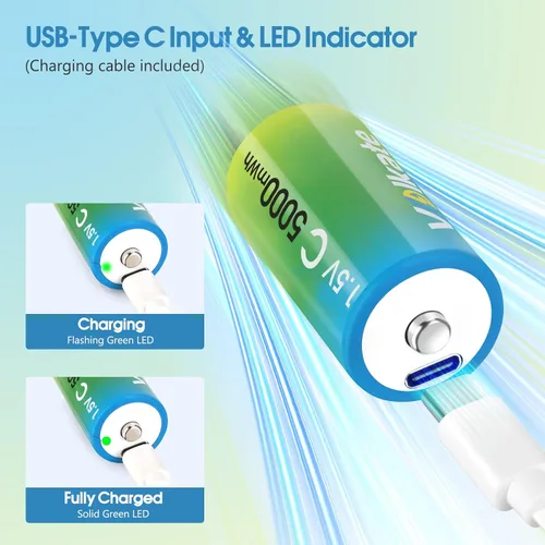 Miniatura 3 de Paquete de 4 baterías C, baterías de litio recargables USB con cable de carga, batería C tamaño LR 14 1.5V 5000 mWh, batería tipo C