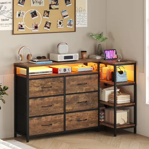 Miniatura 2 de BTHFST Soporte de TV para dormitorio con estación de carga y luces LED, centro de entretenimiento para TV de 60 pulgadas con 6 cajones de tela
