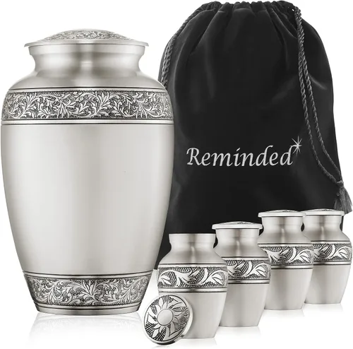 Miniatura 8 de Reminded Juego de 5 urnas decorativas de cremación para cenizas humanas, 1 latón para adultos + 4 tamaño de símbolo de recuerdo, azul