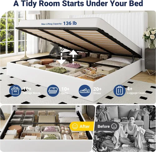 Miniatura 3 de Allewie Base de cama de almacenamiento elevable de tamaño matrimonial, sistema de soporte hidráulico, marco de cama de plataforma tapizada