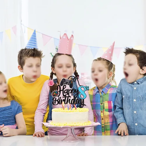 Miniatura 6 de 1 pieza de decoración para pastel de videojuegos Feliz 8vo Cumpleaños con purpurina, palillo para pastel de videojuegos Game On con controladores