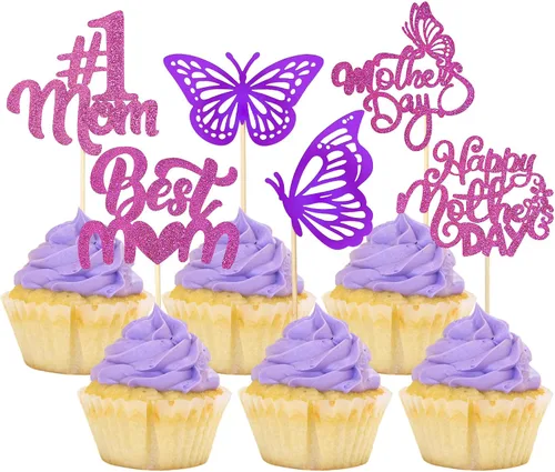 Miniatura 23 de Gyufise 1 paquete de decoración para pastel del día de la madre, la mejor mamá del mundo, con flores de mariposa, decoración de pastel de cumpleaños