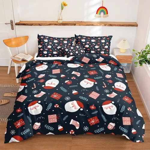 Miniatura 25 de Juego de ropa de cama de Navidad con funda de edredón de copos de nieve, color blanco y rojo, con estampado navideño, juego de ropa de cama festiva