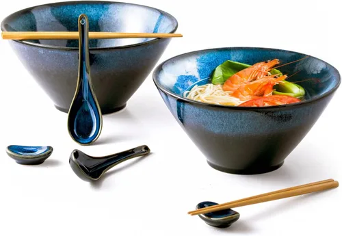 Miniatura 11 de Tazones grandes para servir ensalada, sopa, ramen, 71 OZ tazones de cerámica japoneses para fideos ramen con palillos, cucharas y soportes