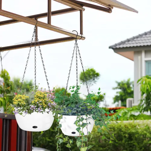 Miniatura 8 de Sungmor Maceta colgante de riego automático para plantas de interior, 9.4 y 11.2 pulgadas, paquete de 2 cestas colgantes grandes de plástico blanco