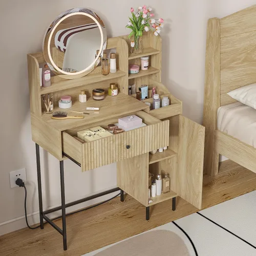 Miniatura 3 de Jluomei Escritorio de maquillaje estriado con espejo y luces, tocador de maquillaje moderno con cajón de almacenamiento, mesa de maquillaje LED