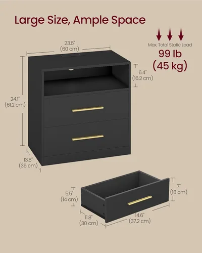 Miniatura 2 de VASAGLE Custos Collection - Mesita de noche de 23.6 pulgadas de ancho con estación de carga, luces LED, moderna mesita de noche, mesa auxiliar Negro