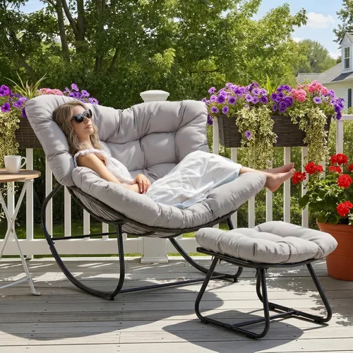 Miniatura 8 de Wisteria Lane Mecedora de patio con otomana, silla mecedora de huevos para interiores y exteriores con cojines, silla Papasan de metal de gran