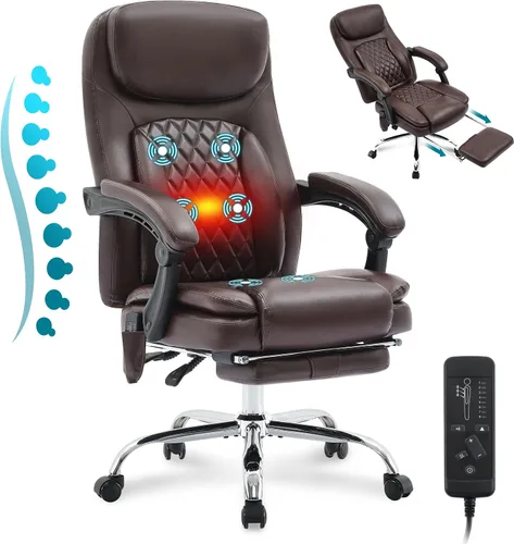Miniatura 13 de Silla de oficina de masaje de 6 puntos con silla de oficina térmica y ergonómica con reposapiés y respaldo alto reclinable de 45°, silla de oficina