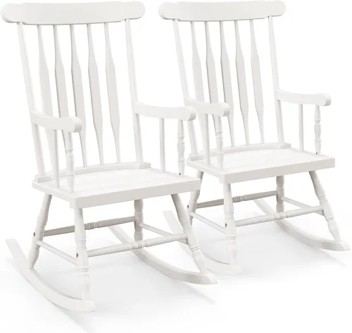 Tangkula Mecedora para patio de madera de goma maciza, silla mecedora de porche al aire libre con marco de madera de goma, mecedora de madera para