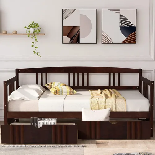 Miniatura 3 de Harper & Bright Designs Marco de cama esquinero de tamaño individual con cajones, sofá cama de madera maciza con almacenamiento y cabecero,