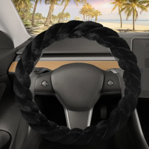 Carbella Funda de volante suave de piel sintética trenzada negra, tamaño estándar de 15 pulgadas, se adapta a la mayoría de vehículos, funda mullida
