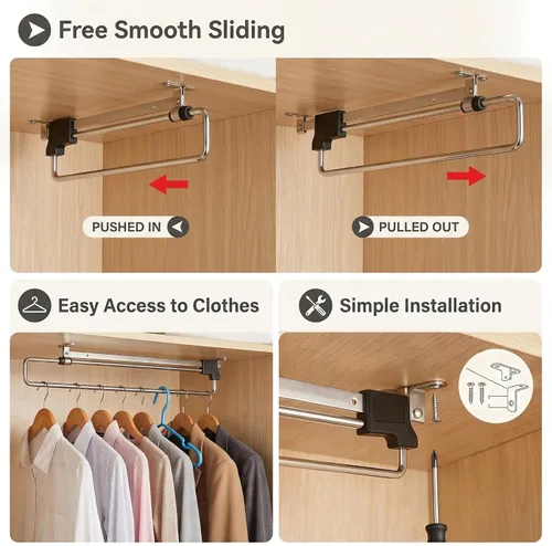 Miniatura 4 de Closet Pull Out Autuwintor - Barra de valet extraíble para armario, barra ajustable para ropa, montaje lateral con tornillos de montaje, acero