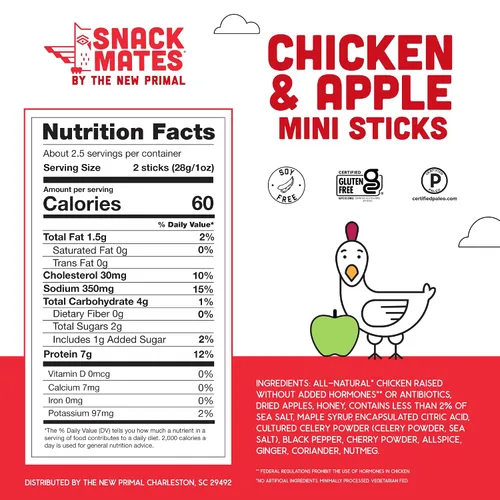 Miniatura 2 de The New Primal Snack Mates Chicken & Apple Sticks, bocadillos saludables sin gluten para niños, bocadillos bajos en azúcar y altos en proteínas