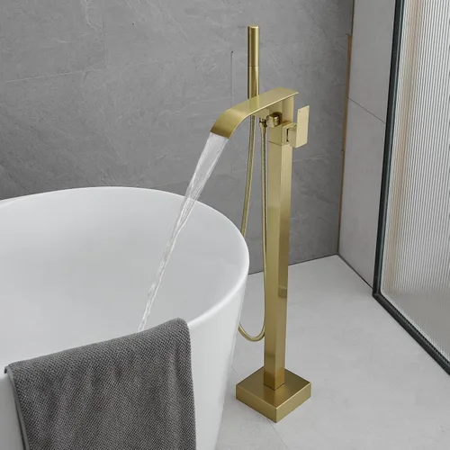 Miniatura 9 de RUMOSE Llenador de Bañera Independiente Grifo de Bañera Dorado Cepillado Montaje en Piso Grifo de Bañera Cascada Llenador de Bañera