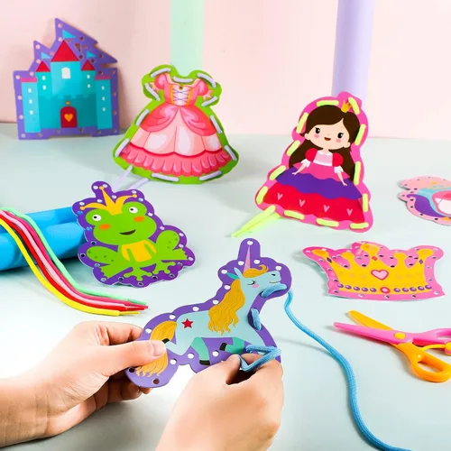 Miniatura 5 de Zonon 8 tarjetas de cordones para niños, tarjetas de costura en 8 patrones, juegos de cordones para desarrollar imaginación, suministros educativos