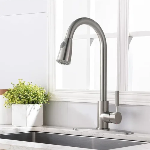 Miniatura 9 de Comllen Grifo de cocina con rociador extraíble, grifos de cocina de acero inoxidable de níquel cepillado, grifo comercial de arco alto de una sola