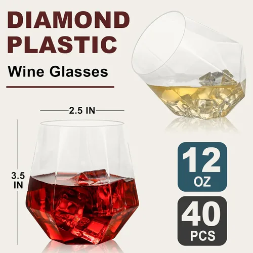 Miniatura 2 de Goodluck 40 piezas de copas de vino y whisky de plástico sin tallo de diamante, 12 onzas, copas de cóctel desechables, adecuadas para bodas, fiestas