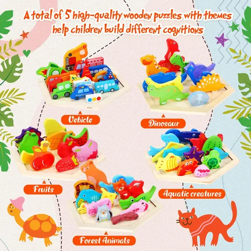 Miniatura 2 de Paquete de 5 rompecabezas de madera Tangram para niños, rompecabezas hexagonal de madera, bloques de rompecabezas con formas geométricas