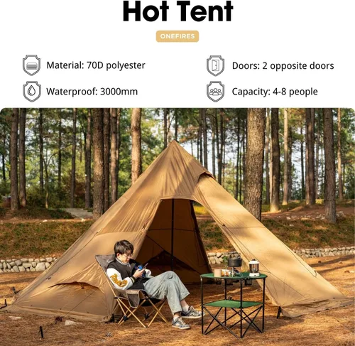 Miniatura 4 de Tienda Caliente con Toma para Estufa Onefires Tienda de Campaña Grande Tipo Tipi para Acampar en Familia al Aire Libre 4-8 Personas with Stove Jack