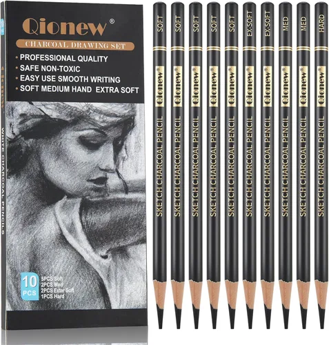 Qionew Juego de 10 lápices de carbón profesionales para dibujar, dibujar, dibujar, sombrear, principiantes y artistas