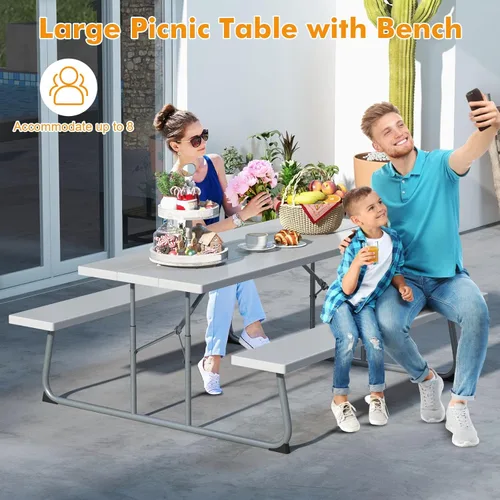 Miniatura 6 de Tangkula Mesa de picnic plegable de 6 pies, mesa de picnic al aire libre con 2 bancos integrados, agujero para paraguas, marco de metal y mesa