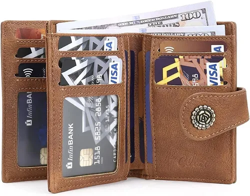 Miniatura 8 de CLUCI Billeteras pequeñas para mujer, con bloqueo RFID, de cuero, triple, compactas, con ventana de identificación, monedero con cremallera