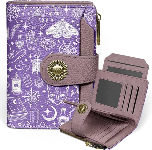 Miniatura 14 de Icycay Cartera pequeña para mujer, plegable con bloqueo RFID, soporte para tarjetas de crédito, bolsillo con cremallera para monedas, piel