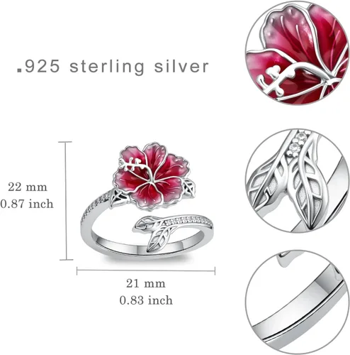 Miniatura 4 de Anillo de hibisco Anillo de flor hawaiana con joyería de hibisco de plata de ley ajustable abierta para mujer, talla 7