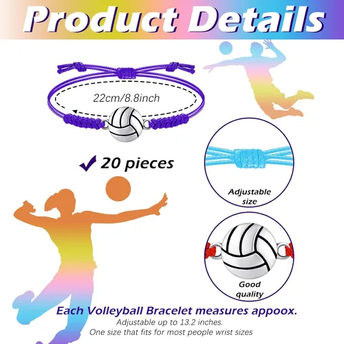 Miniatura 9 de 20 pulseras de voleibol ajustables, cuerda trenzada con dije de voleibol para niñas, mujeres, hombres, adolescentes, la mayoría de jugadores