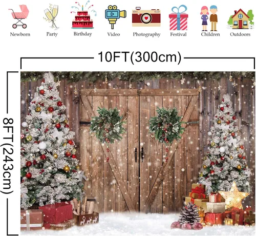 Miniatura 2 de Telón de Fondo de Fotografía de Tela de Poliéster de 10x8 Pies de Madera Rústica de Granero con Puerta de Navidad de Invierno, Fondo de Árbol