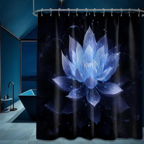Miniatura 35 de Cortina de ducha con flores de loto negro y azul para decoración de baño, juego de cortinas decorativas de baño con estampado floral, tela