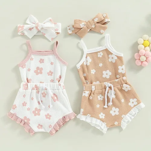Miniatura 2 de Mubineo Conjunto de 3 piezas para bebé niña, estilo bohemio, overol, pantalones cortos, diadema